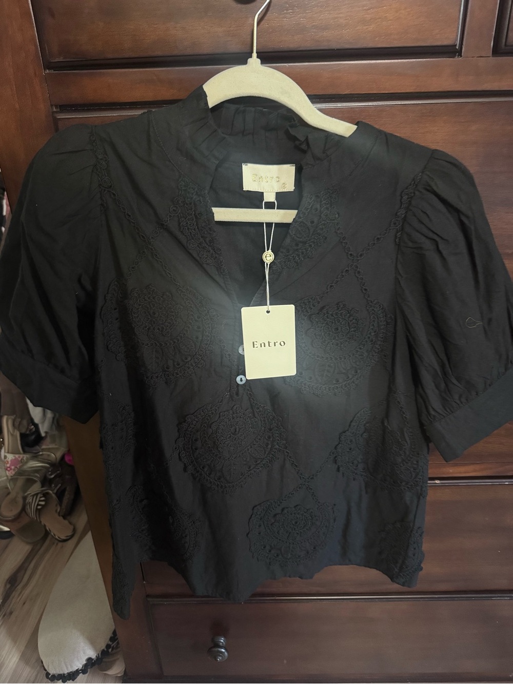 entro Black Embroidered Short-Sleeve Peasant Blouse